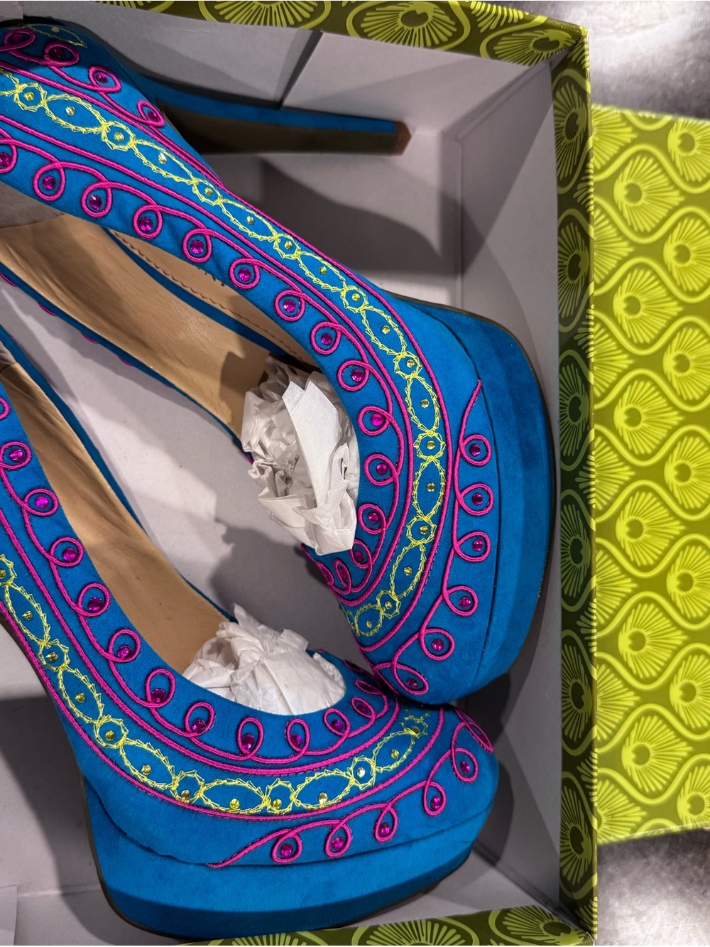 Gianni Bini Blue Platform Pumps with Pink & Lime Embroidery